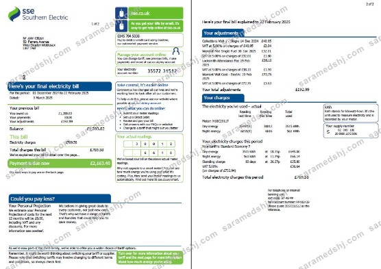 Scotland SSE utility bill template in Word and PDF formats, 2 pages